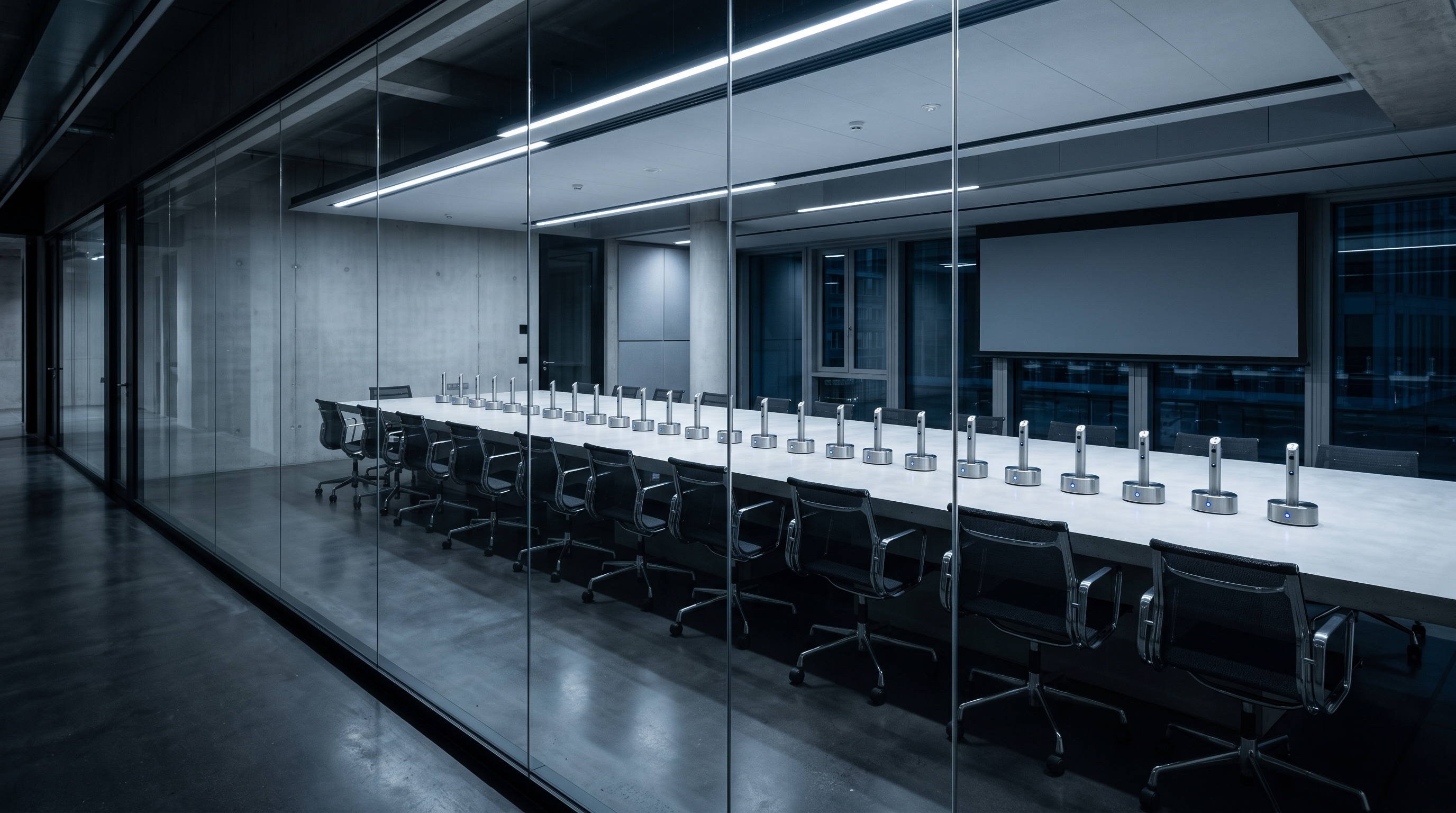 A boardroom with an applicator docked and charging at every seat